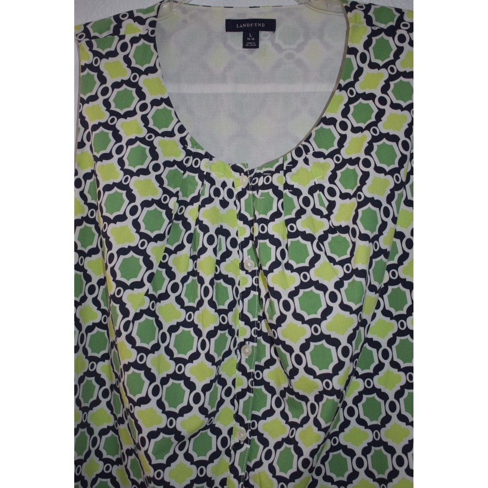 Lands End Large Blouse Sleeveless Button Pleat Front Lined Geometric Print 14-16